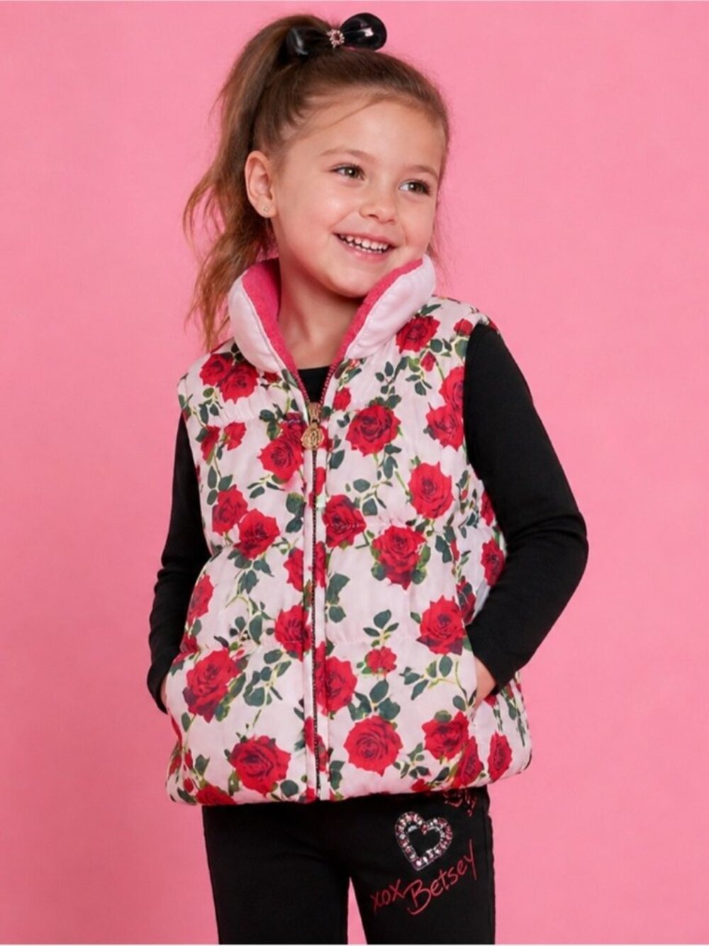 Betsey Johnson Girls 4T Floral Rose Print Puffer Vest Pink Winter Jacket